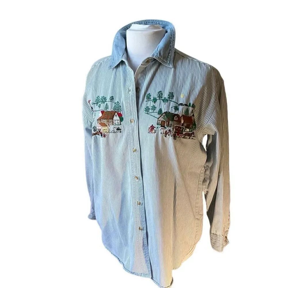 Vintage Farmhouse Denim Winter Jamgirl Boho  Embroidered Button Up, Medium
